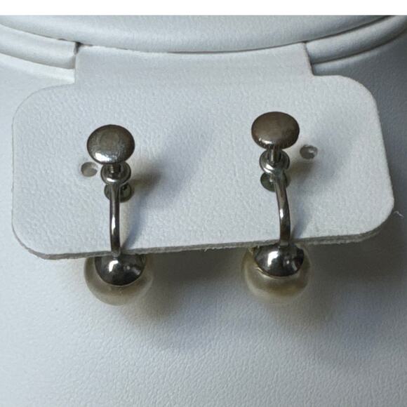 Antique Edwardian  Art Deco Vintage silver double pearl drop screwback earrings - Picture 9 of 10